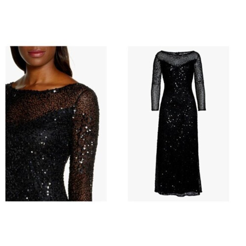 Pisarro Nights Black Sequin A Line Gown Evening Dress Illusion SZ 4 NWT